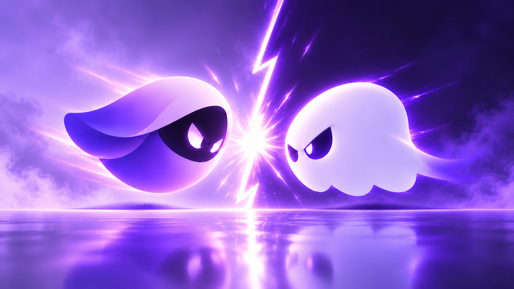 Veil and Phantom poised across a luminous seam in a cinematic arena