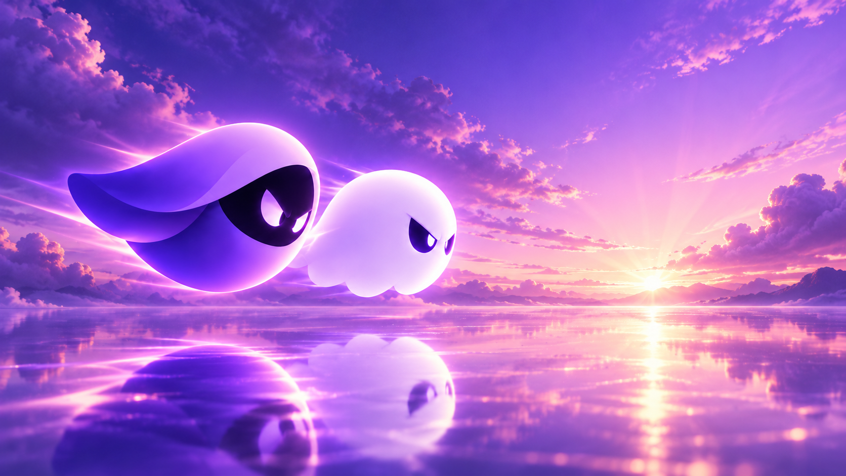 Veil and Phantom looking toward a violet dawn above a reflective horizon