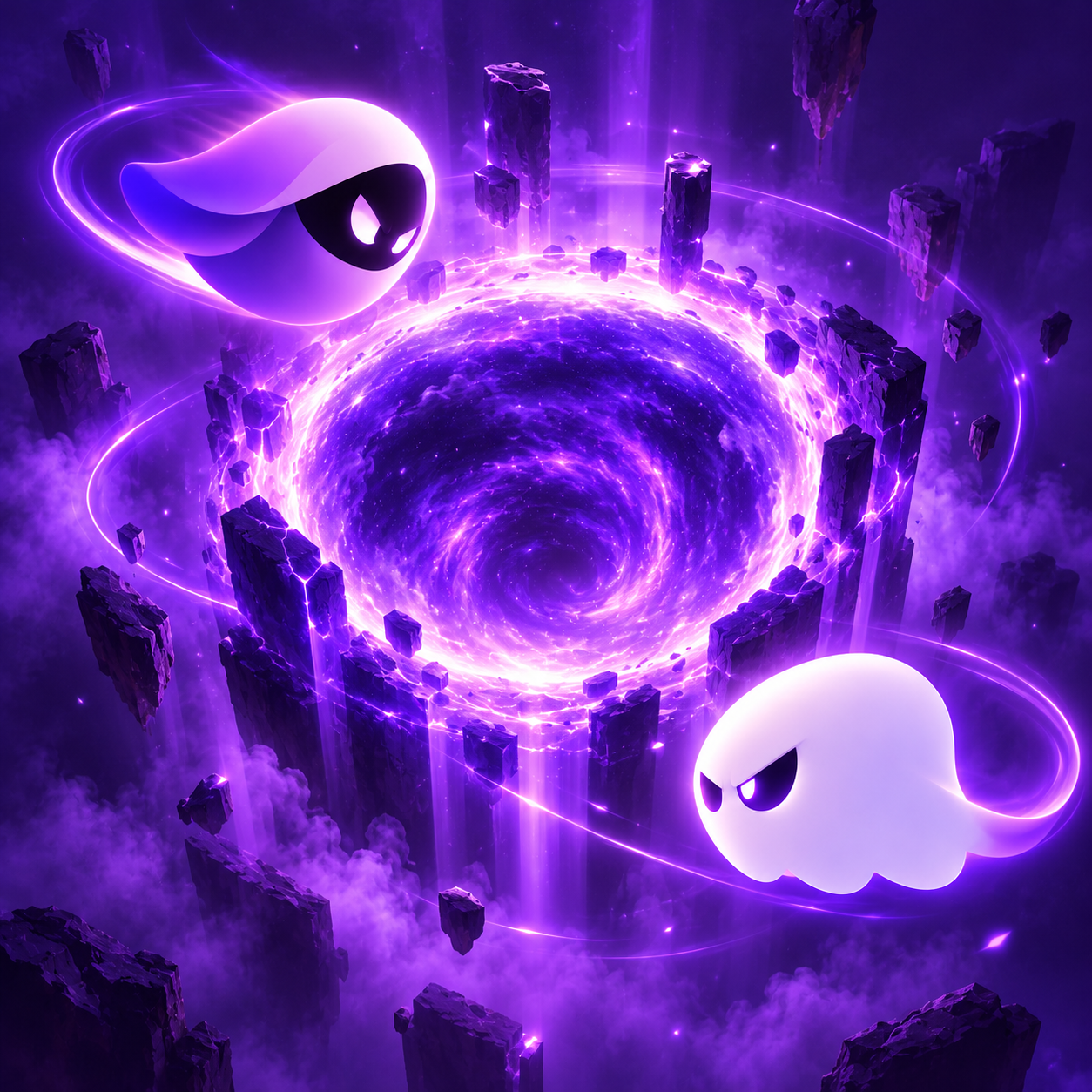 Veil and Phantom floating around a glowing violet portal