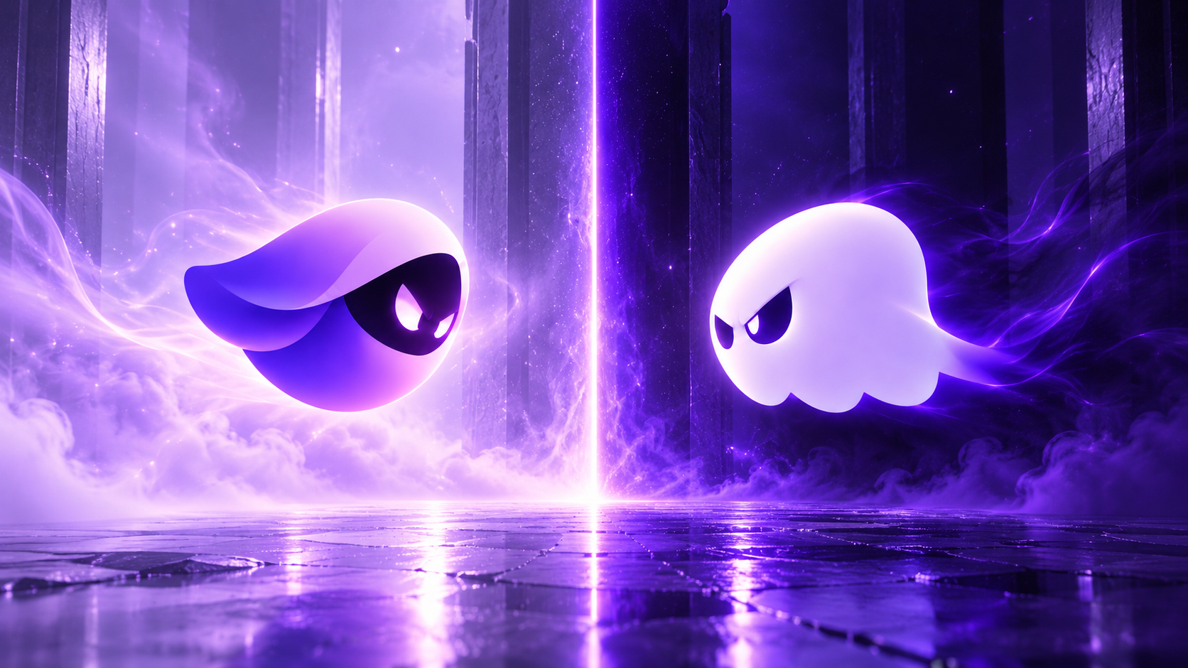 Veil and Phantom suspended on opposite sides of a midnight corridor